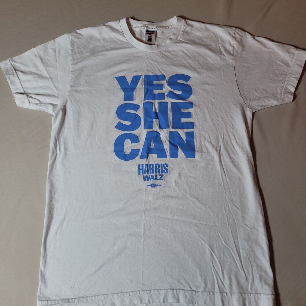 Harris Walz Yes She Can Union Made White Graphic T-Shirt 2024 Campaign Medium